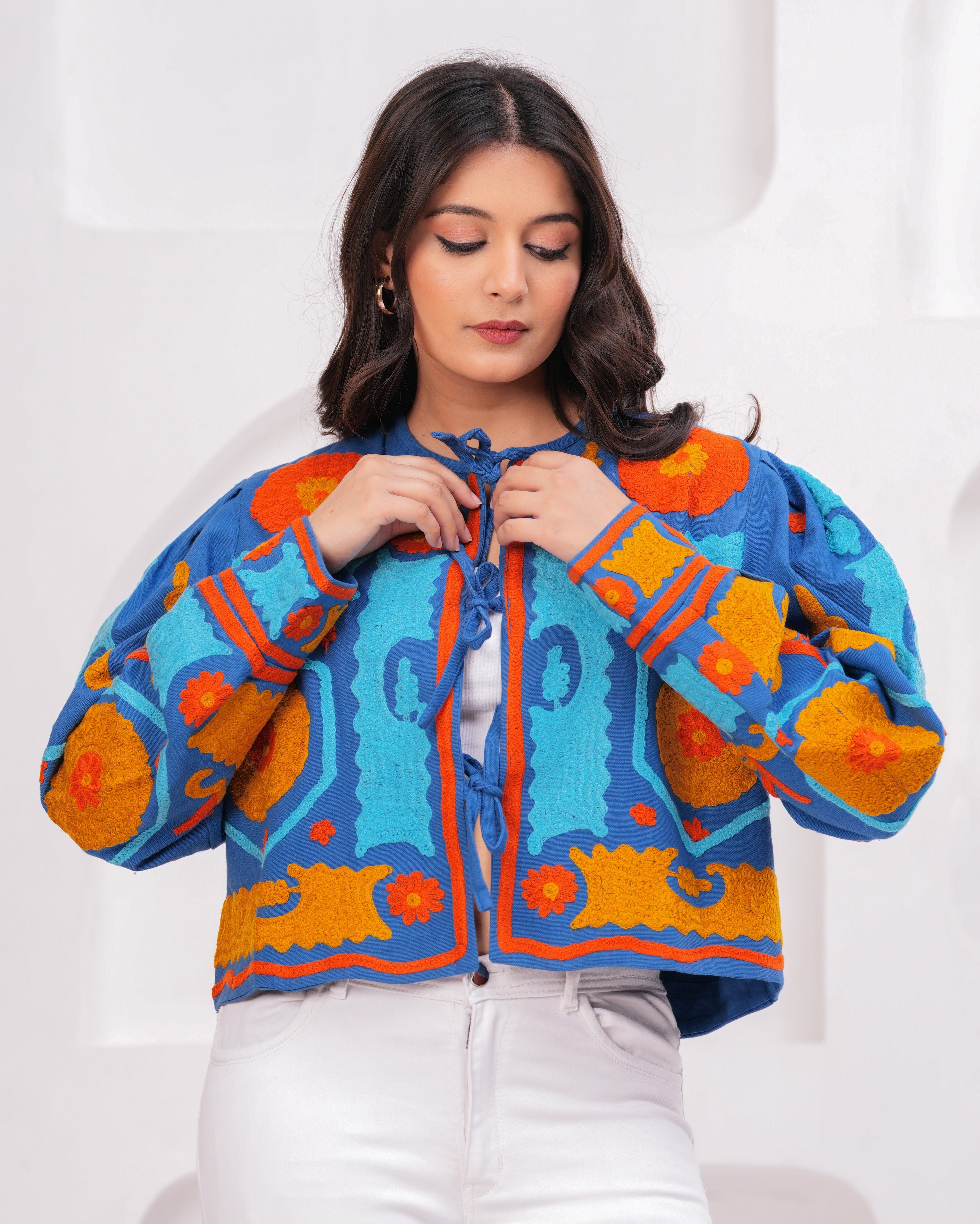 Hand Printed Quilted Cotton Jacket: Blue Floral Jacket