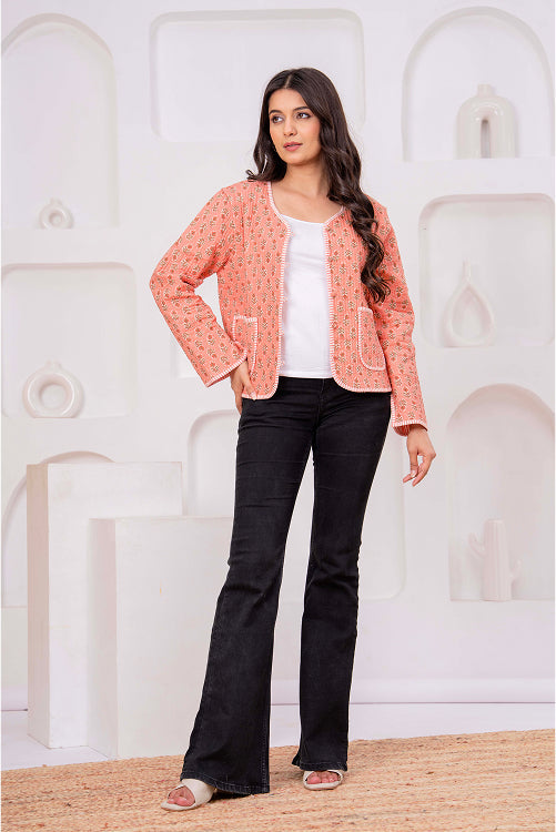 Indian Handmade Peach Floral Print Cotton Jacket