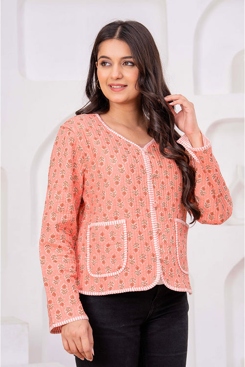 Indian Handmade Peach Floral Print Cotton Jacket