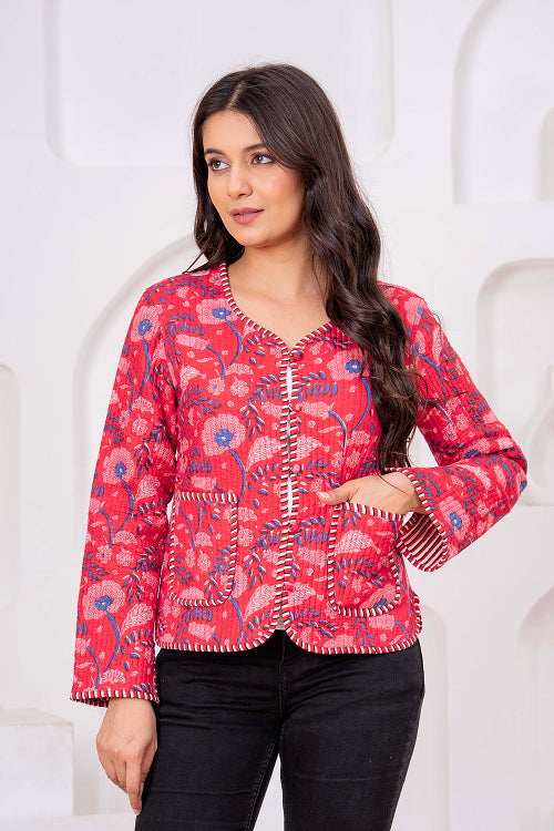 Handmade Red Cotton Quilted Floral Jacket Print Cotton