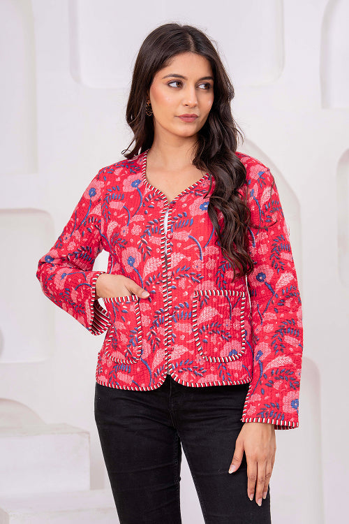 Handmade Red Cotton Quilted Floral Jacket Print Cotton