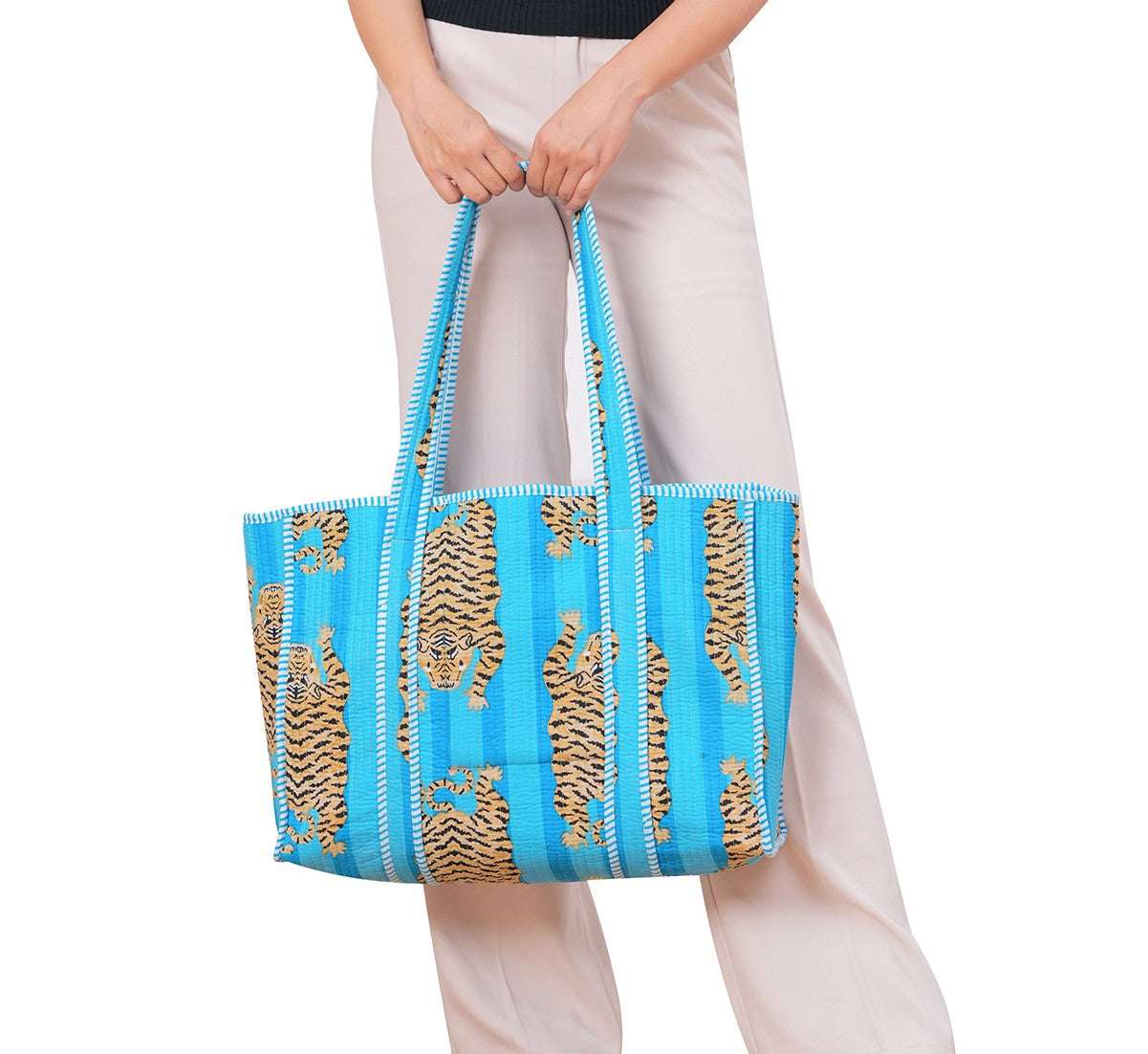 Handmade Cotton Tiger Print Tote Bag: Quilted Indian Style