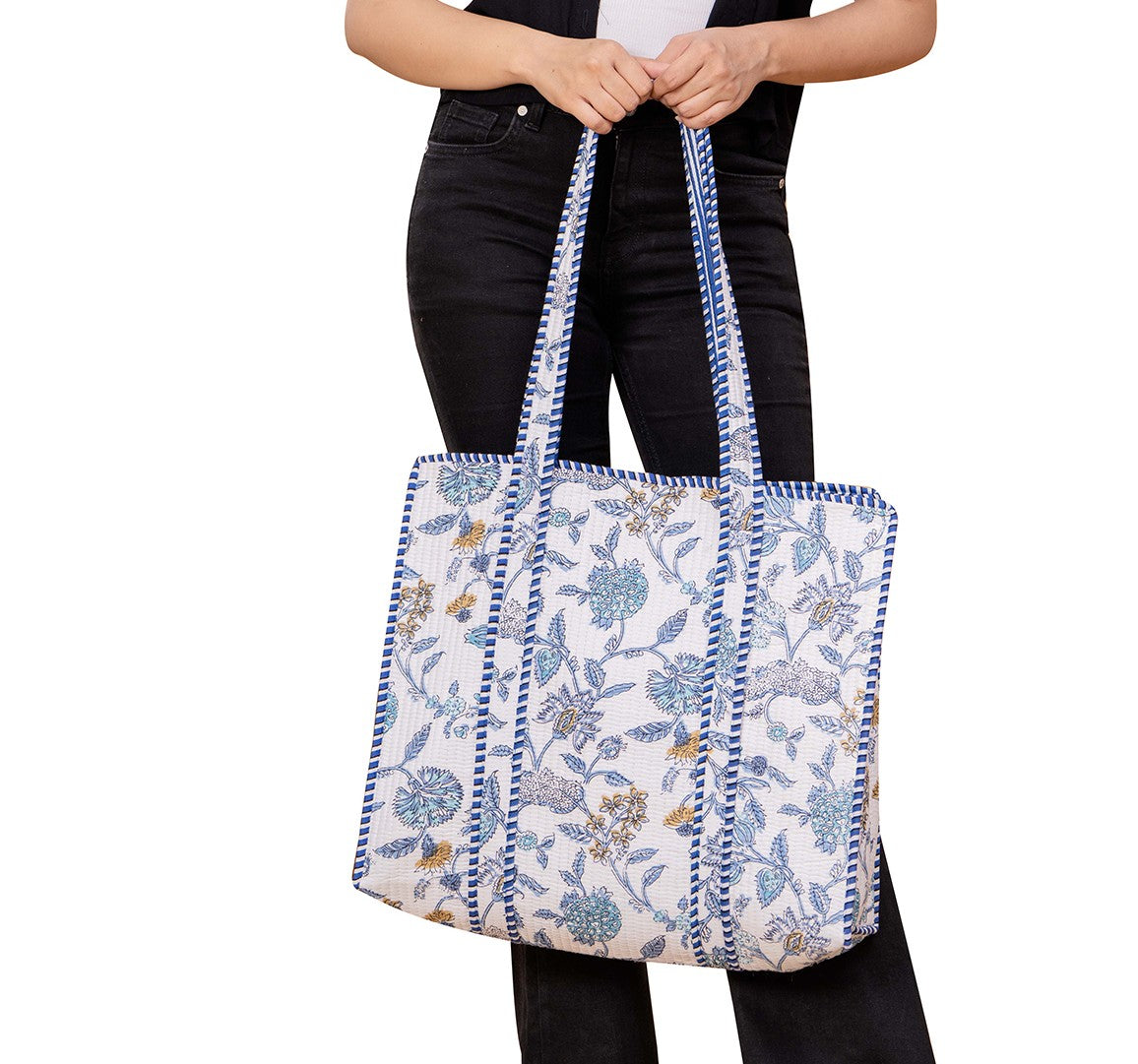 Blue Floral Block Print Tote Bag: Reversible Organic Cotton Shoulder Bag