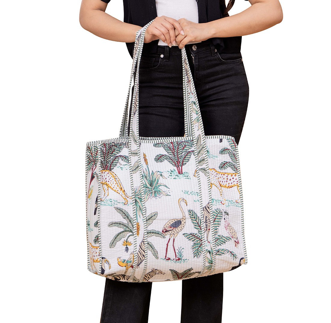 White color floral design cotton shopping travel boho Shoulder tote Bag