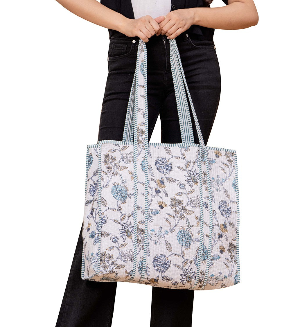 Handmade Cotton White Print Shopping bag